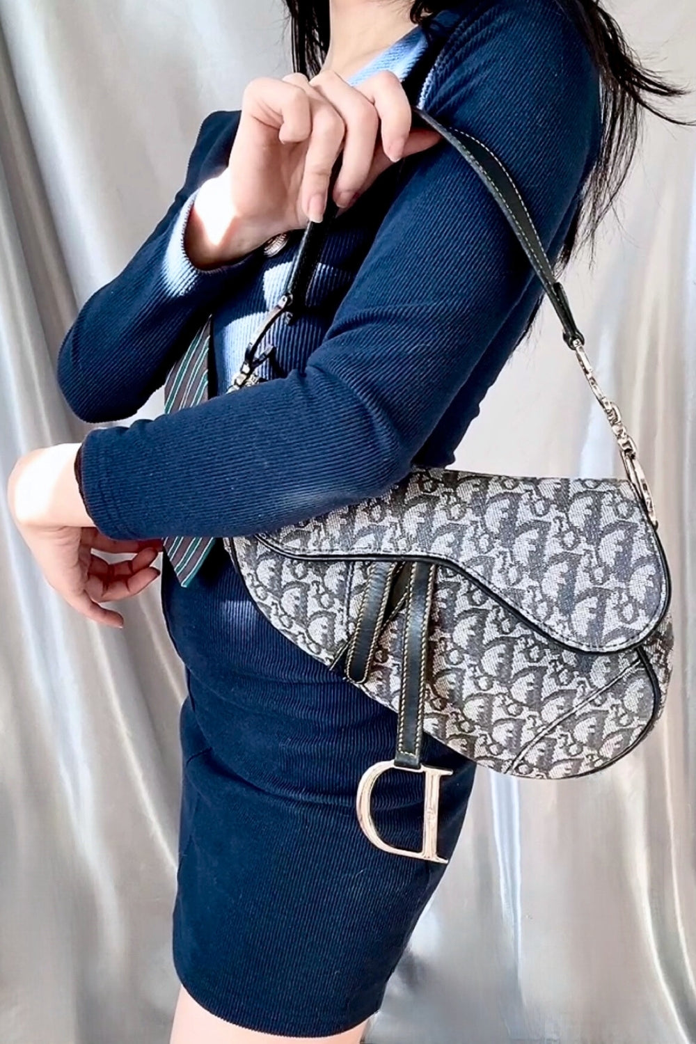 Christian Dior Navy Blue Trotter Vintage Saddle Bag