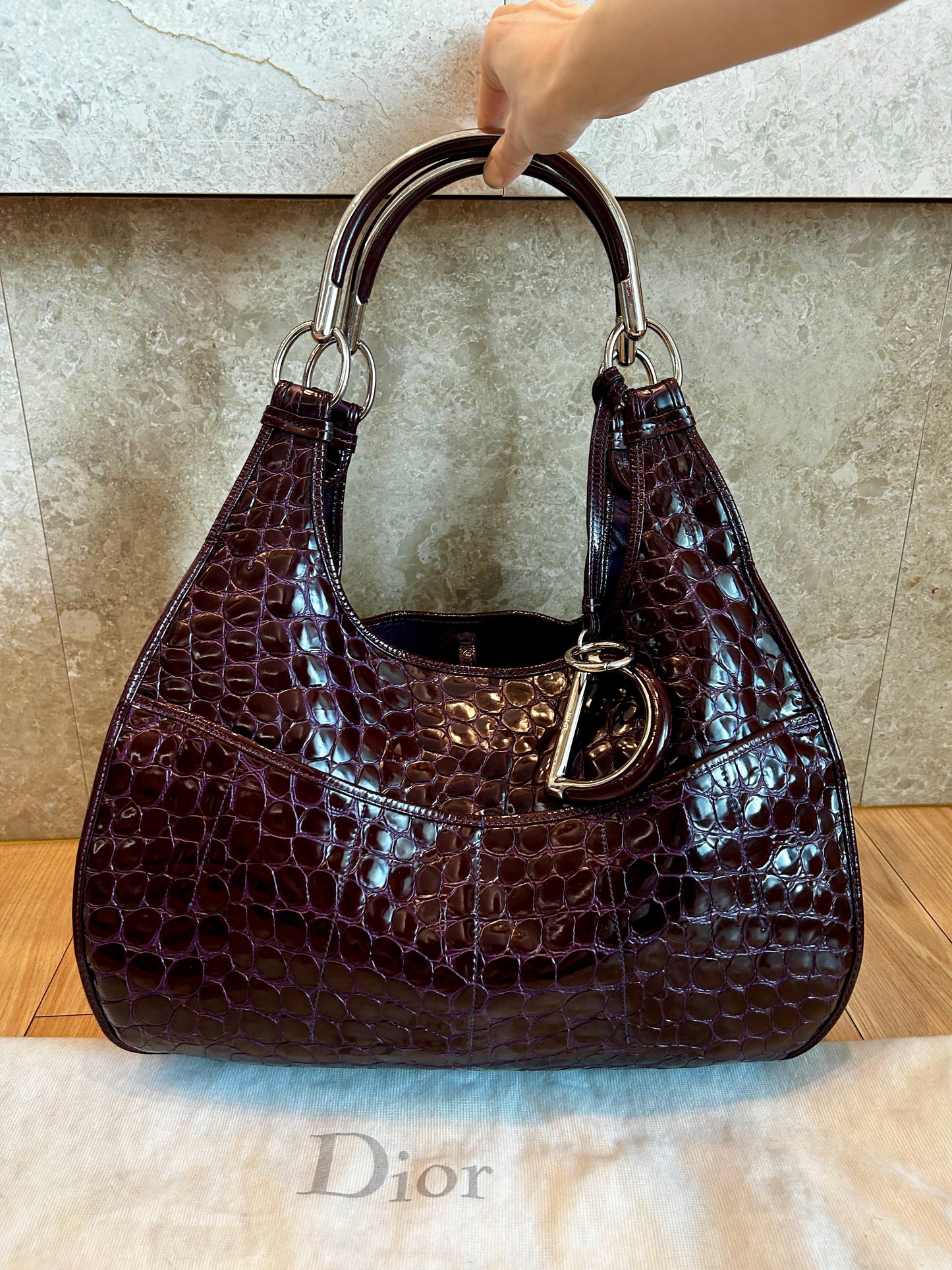 Dior Purple Croc Embossed Patent Leather large hobo Shoulder Bag