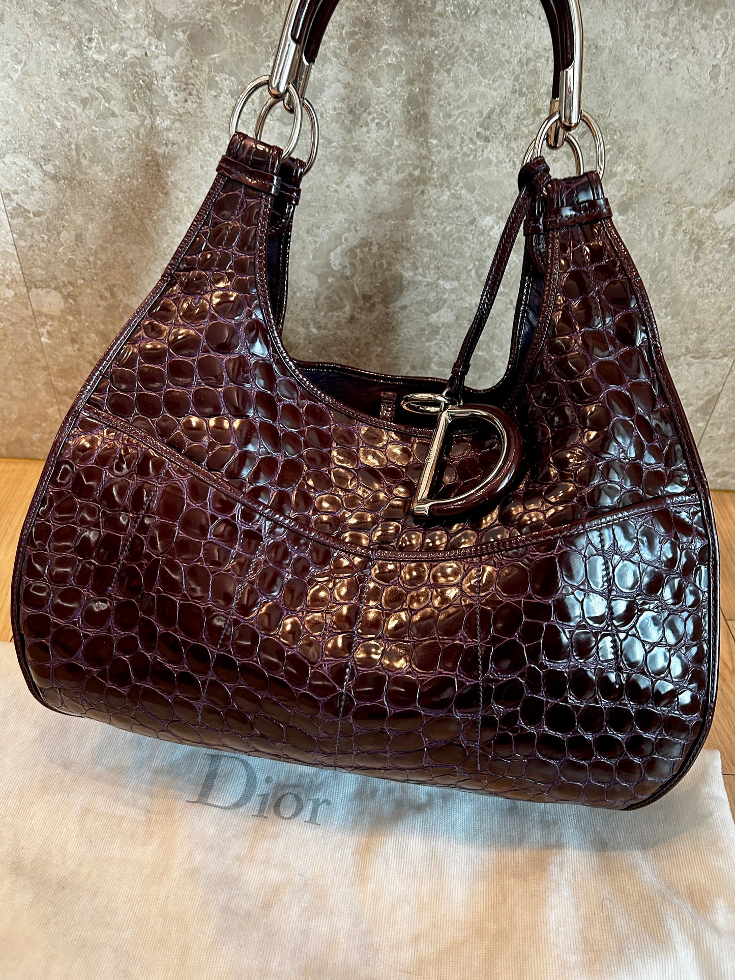 Dior Purple Croc Embossed Patent Leather large hobo Shoulder Bag
