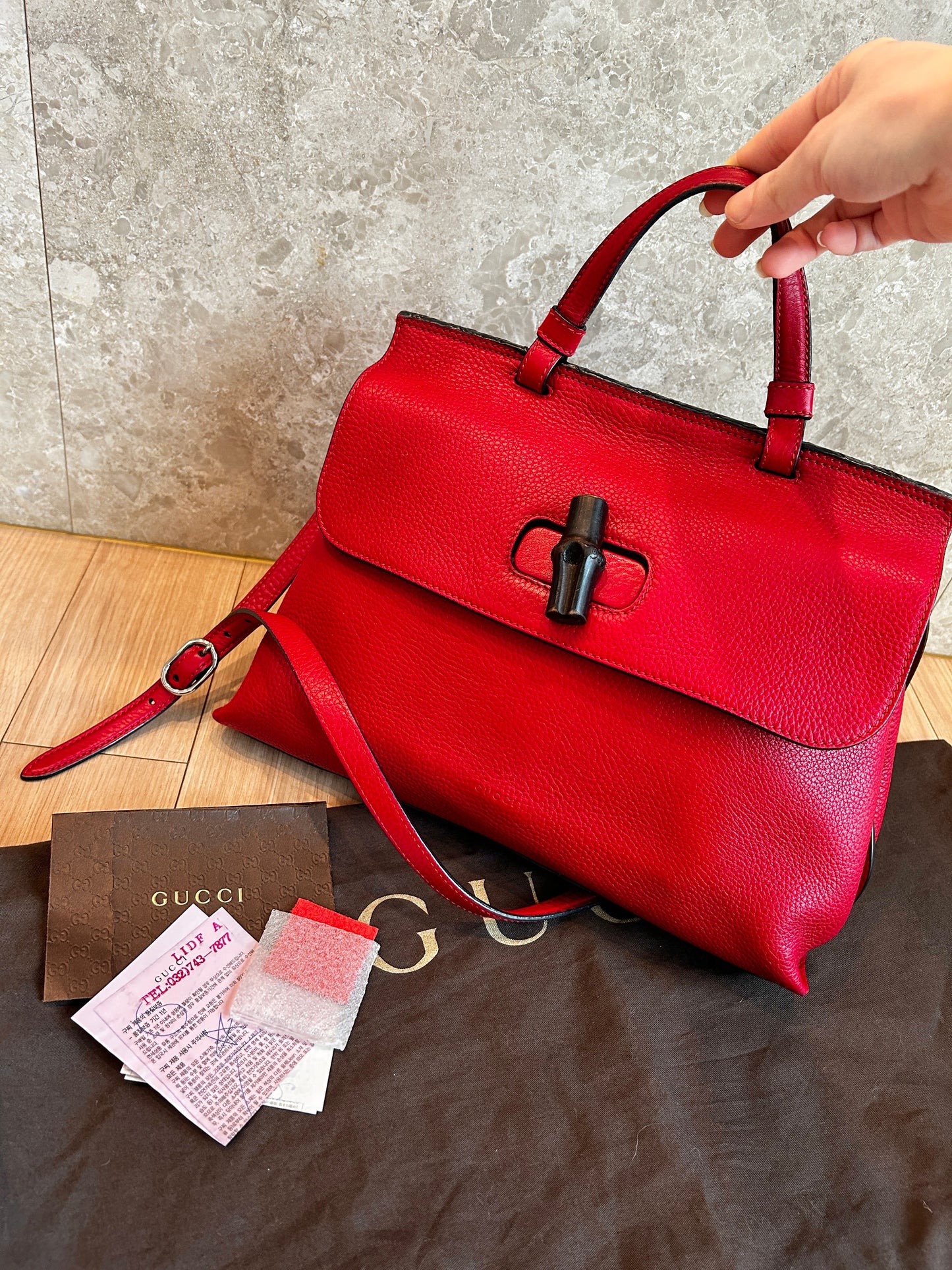 Gucci Red Bamboo Top Handle Leather Crossbody bag