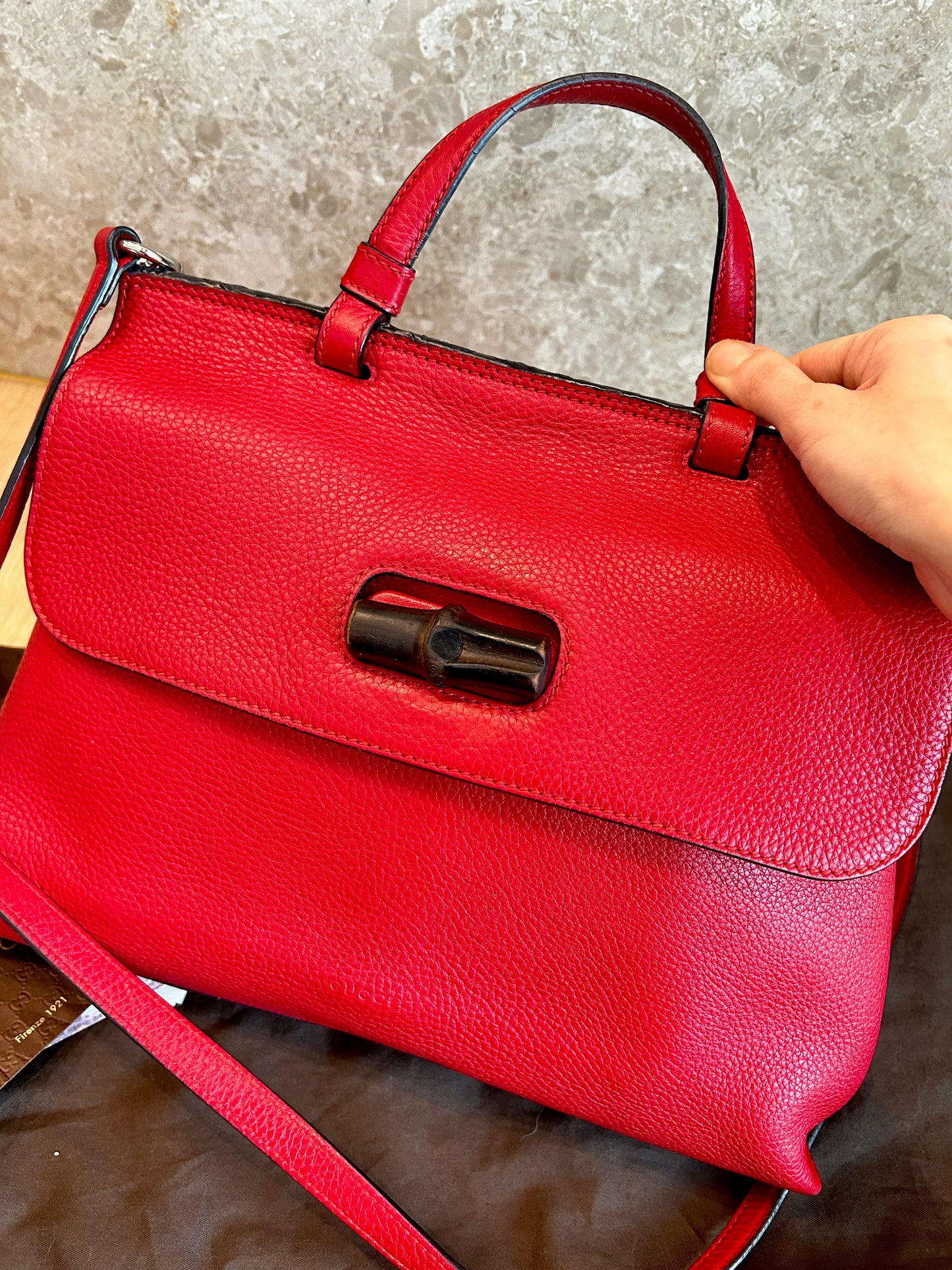 Gucci Red Bamboo Top Handle Leather Crossbody bag