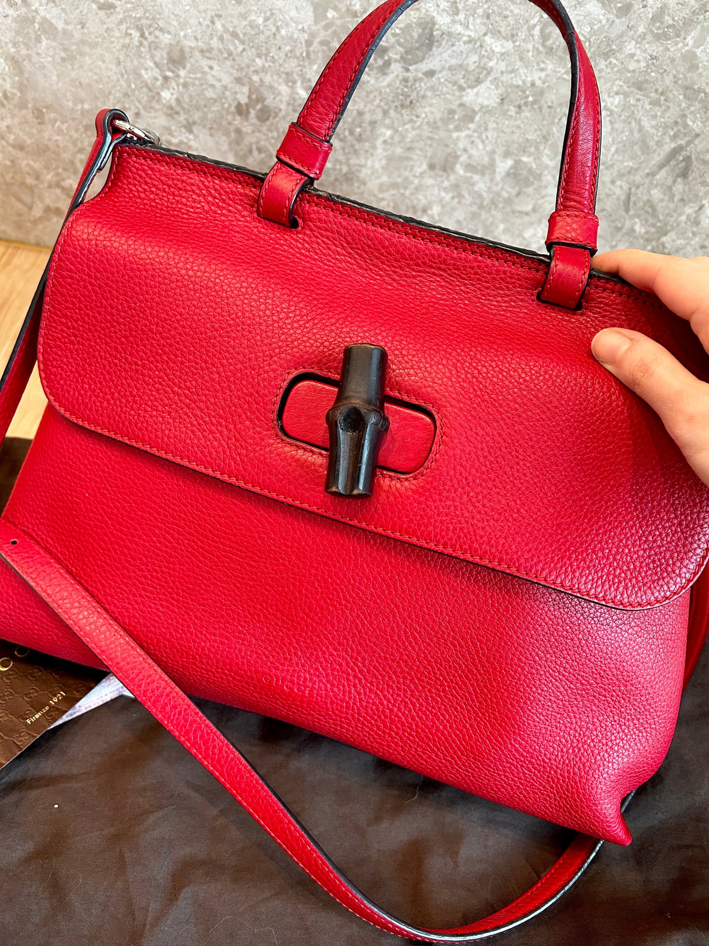 Gucci Red Bamboo Top Handle Leather Crossbody bag