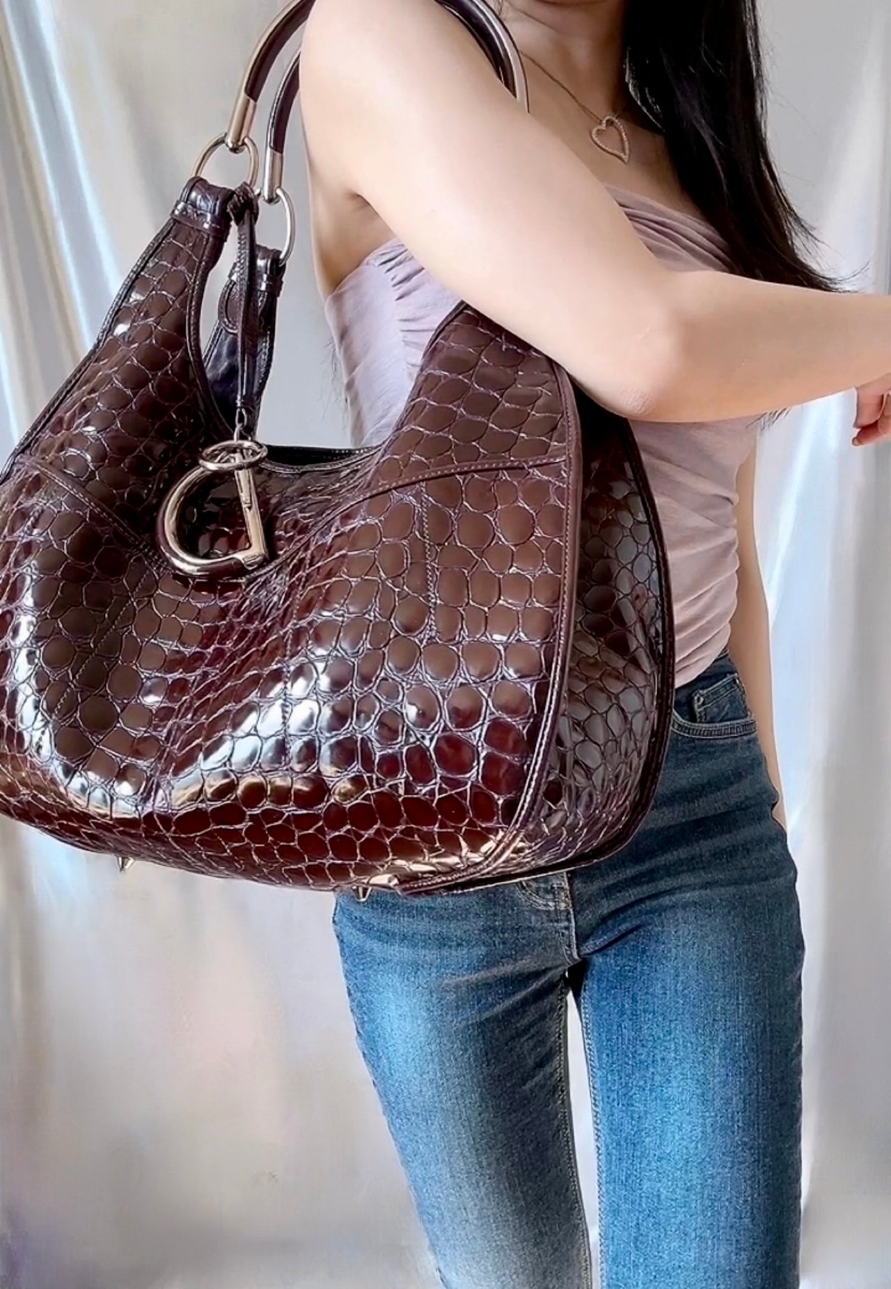 Dior Purple Croc Embossed Patent Leather large hobo Shoulder Bag
