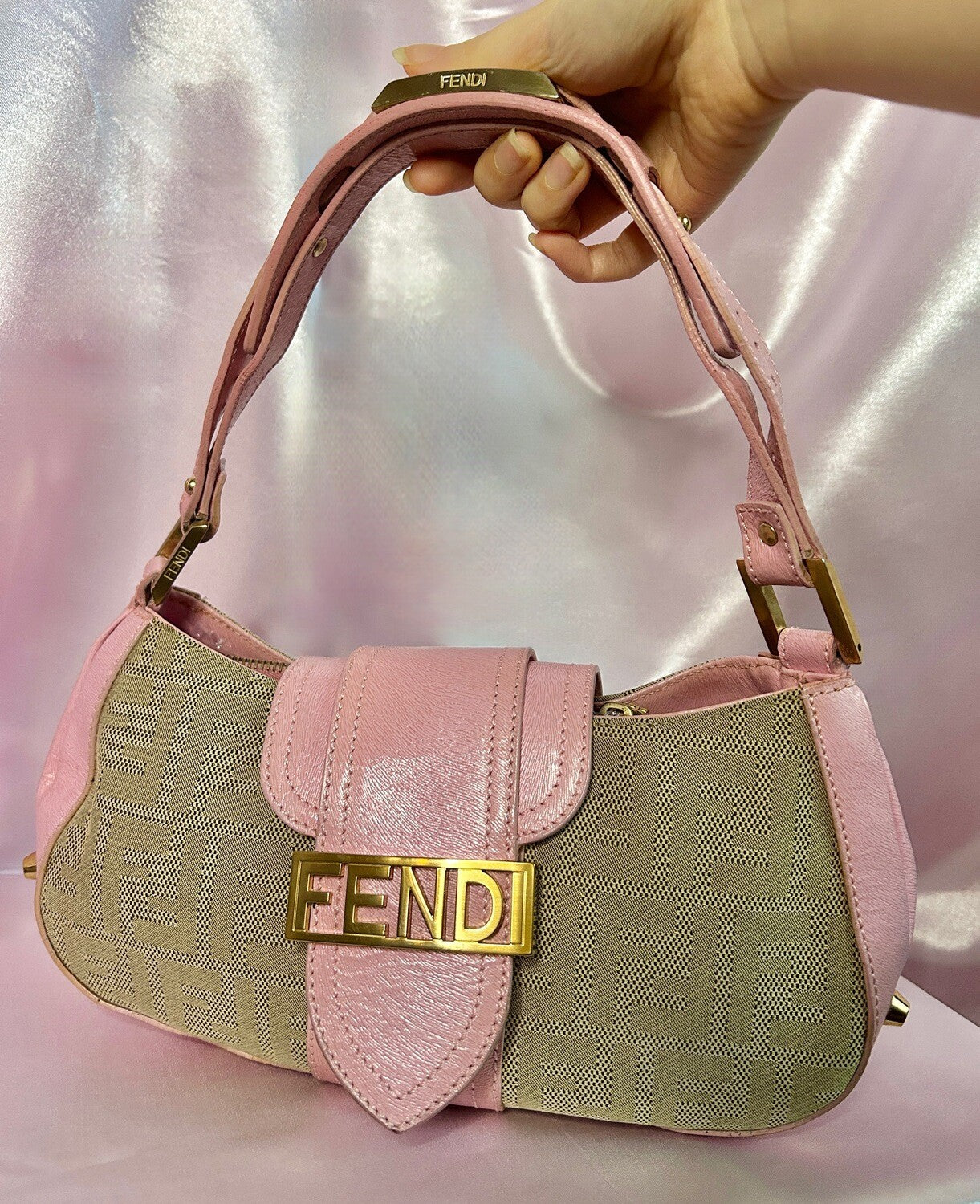 Fendi Baby Pink Zucca Canvas and Leather Logo Flap Baguette Bag