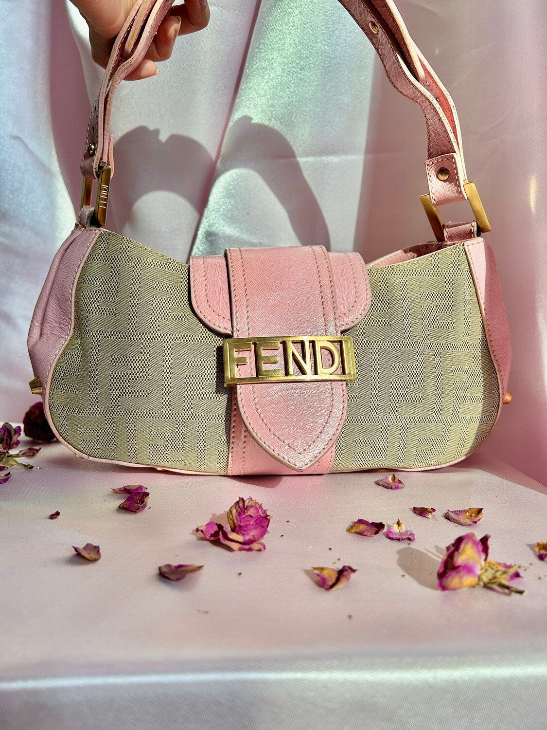 Fendi Baby Pink Zucca Canvas and Leather Logo Flap Baguette Bag