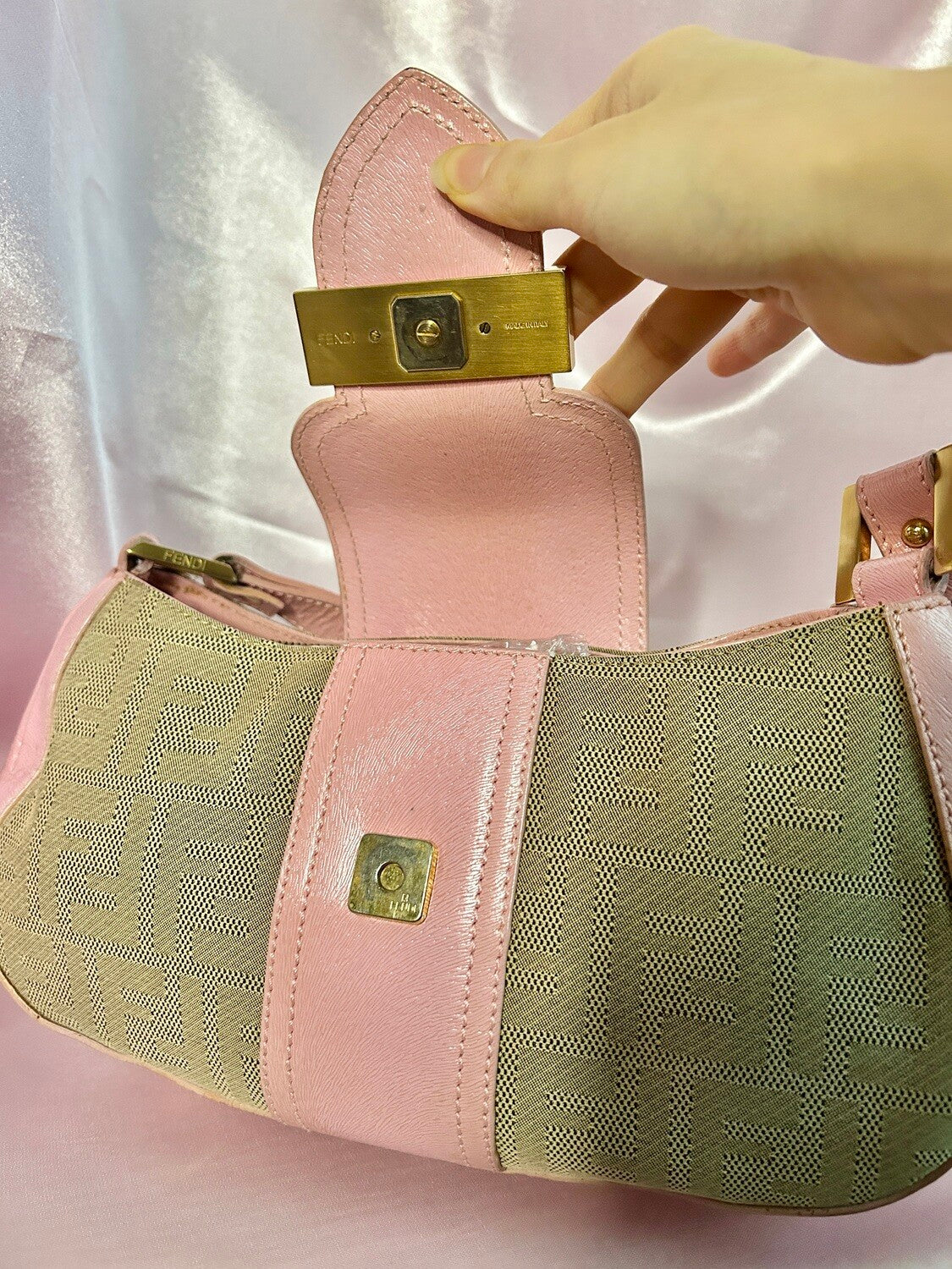 Fendi Baby Pink Zucca Canvas and Leather Logo Flap Baguette Bag