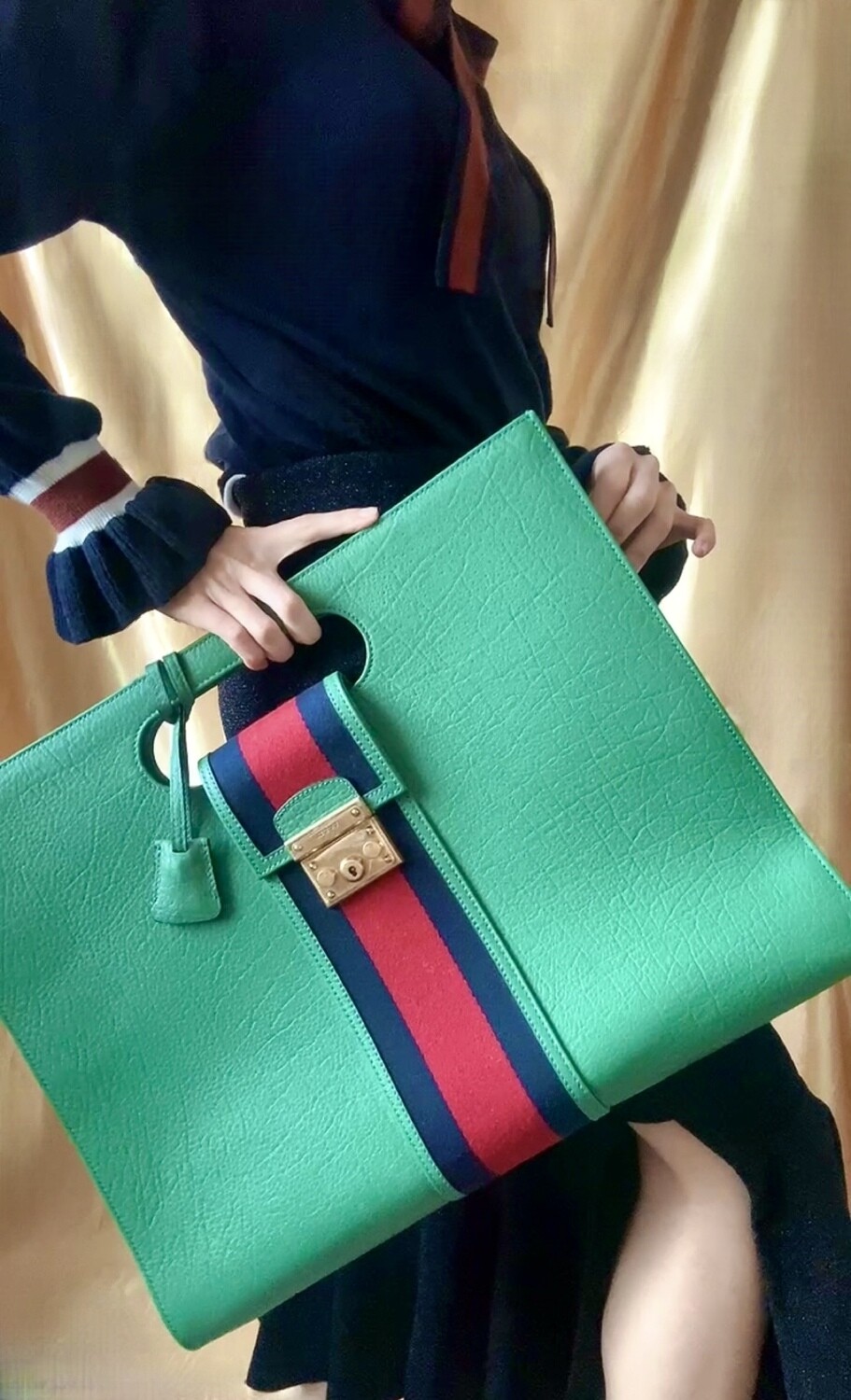 GUCCI maxi green leather web line tote (Large)