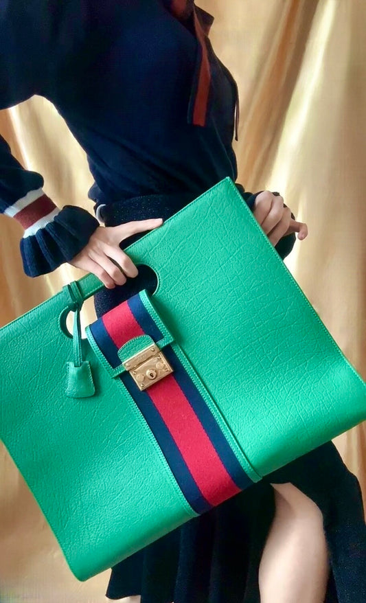 GUCCI maxi green leather web line tote (Large)