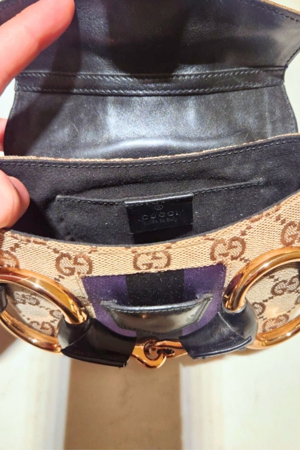 Gucci Black Canvas Horsebit shoulder Clutch / pouch Bag handbag