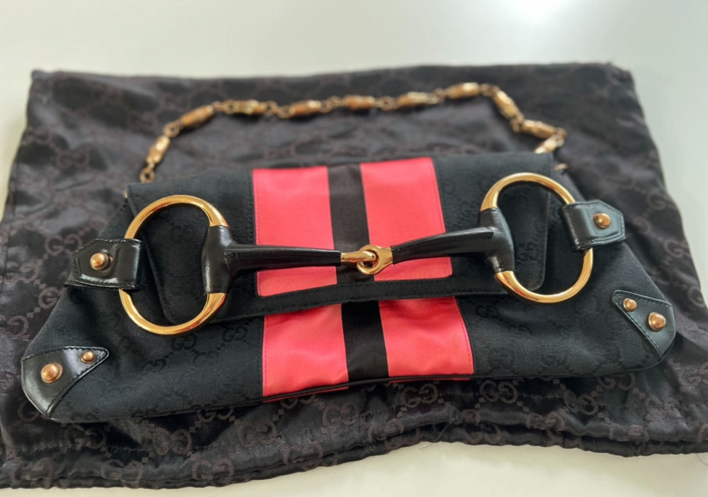 Gucci Horsebit Pink Web Chain Clutch Shoulder bag